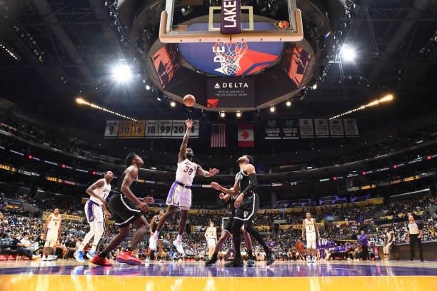Chaundee Brown Jr. #38 of the Los Angeles Lakers shoots the ball during the game against the Brooklyn Nets on October 3, 2021 at STAPLES Center in...