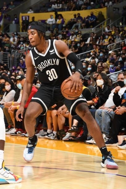 David Duke Jr. #30 of the Brooklyn Nets dribbles the ball during the game against the Los Angeles Lakers on October 3, 2021 at STAPLES Center in Los...