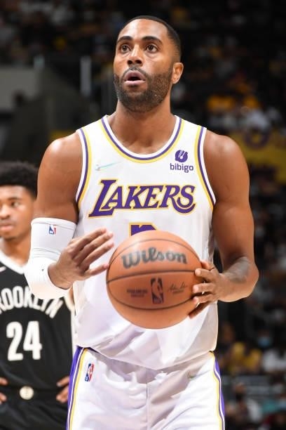 Wayne Ellington of the Los Angeles Lakers shoots a free throw during the game against the Brooklyn Nets on October 3, 2021 at STAPLES Center in Los...