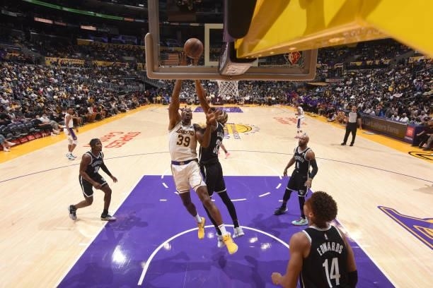 Dwight Howard of the Los Angeles Lakers drives to the basket during the game against the Brooklyn Nets on October 3, 2021 at STAPLES Center in Los...