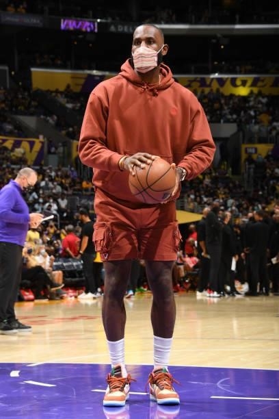 LeBron James of the Los Angeles Lakers looks on during the game against the Brooklyn Nets on October 3, 2021 at STAPLES Center in Los Angeles,...