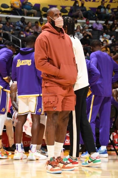 LeBron James of the Los Angeles Lakers looks on during the game against the Brooklyn Nets on October 3, 2021 at STAPLES Center in Los Angeles,...