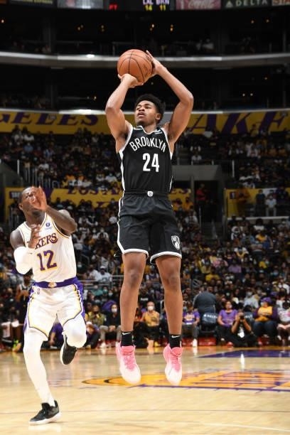 Cam Thomas of the Brooklyn Nets shoots the ball during the game against the Los Angeles Lakers on October 3, 2021 at STAPLES Center in Los Angeles,...