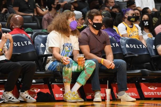 Actors, Blake Anderson and Adam DeVine attend the game between the Brooklyn Nets and the Los Angeles Lakers on October 3, 2021 at STAPLES Center in...