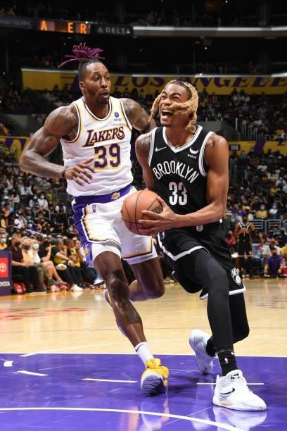 Nicolas Claxton of the Brooklyn Nets drives to the basket during the game against the Los Angeles Lakers on October 3, 2021 at STAPLES Center in Los...