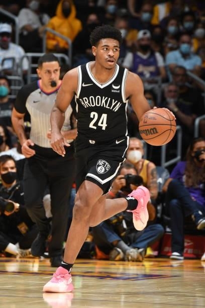 Cam Thomas of the Brooklyn Nets dribbles the ball during the game against the Los Angeles Lakers on October 3, 2021 at STAPLES Center in Los Angeles,...