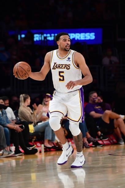 Talen Horton-Tucker of the Los Angeles Lakers dribbles the ball during the game against the Brooklyn Nets on October 3, 2021 at STAPLES Center in Los...