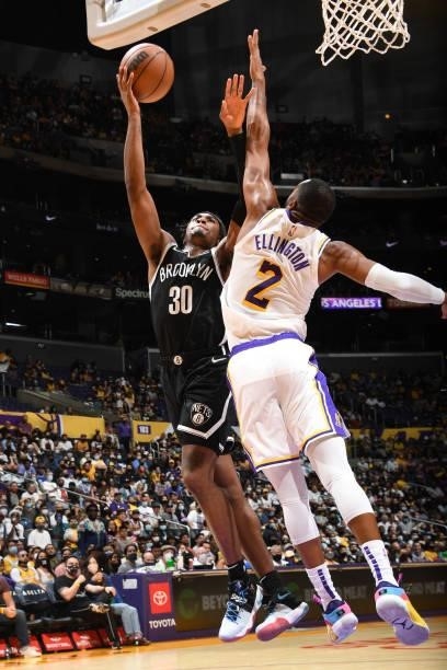 David Duke Jr. #30 of the Brooklyn Nets shoots the ball during the game against the Los Angeles Lakers on October 3, 2021 at STAPLES Center in Los...
