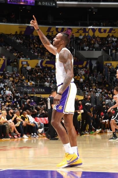 Dwight Howard of the Los Angeles Lakers celebrates during the game against the Brooklyn Nets on October 3, 2021 at STAPLES Center in Los Angeles,...