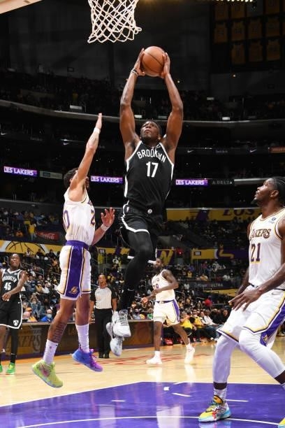Devontae Cacok of the Brooklyn Nets drives to the basket during the game against the Los Angeles Lakers on October 3, 2021 at STAPLES Center in Los...