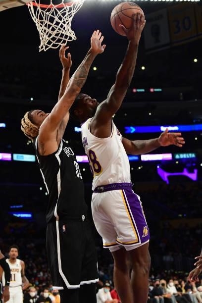 Chaundee Brown of the Los Angeles Lakers shoots the ball during the game against the Brooklyn Nets on October 3, 2021 at STAPLES Center in Los...