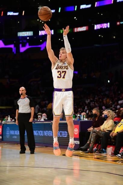 Mac McClung of the Los Angeles Lakers shoots the ball during the game against the Brooklyn Nets on October 3, 2021 at STAPLES Center in Los Angeles,...