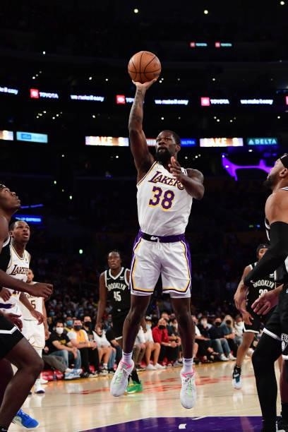 Chaundee Brown of the Los Angeles Lakers shoots the ball during the game against the Brooklyn Nets on October 3, 2021 at STAPLES Center in Los...