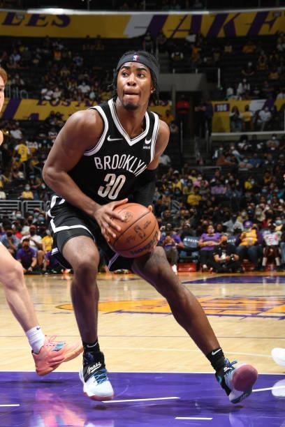 David Duke Jr. #30 of the Brooklyn Nets handles the ball during the game against the Los Angeles Lakers on October 3, 2021 at STAPLES Center in Los...