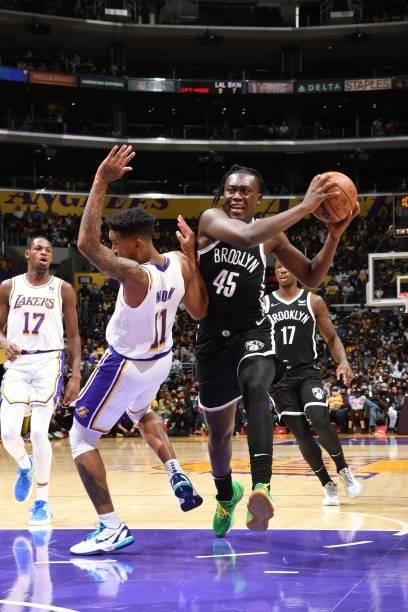 Sekou Doumbouya of the Brooklyn Nets drives to the basket during the game against the Los Angeles Lakers on October 3, 2021 at STAPLES Center in Los...