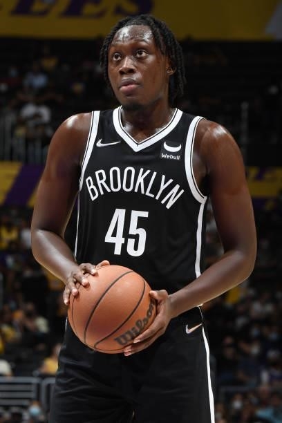 Sekou Doumbouya of the Brooklyn Nets shoots a free throw during the game against the Los Angeles Lakers on October 3, 2021 at STAPLES Center in Los...