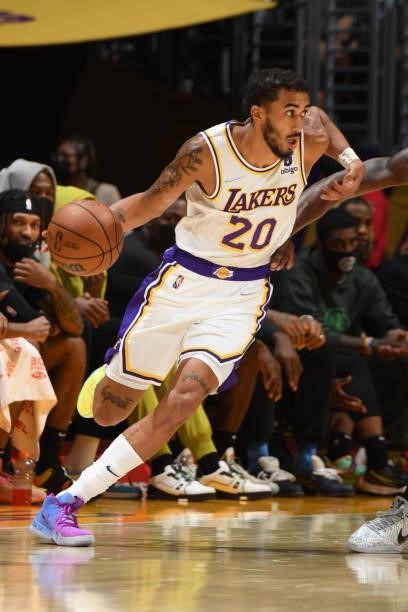 Trevelin Queen of the Los Angeles Lakers dribbles the ball during the game against the Brooklyn Nets on October 3, 2021 at STAPLES Center in Los...