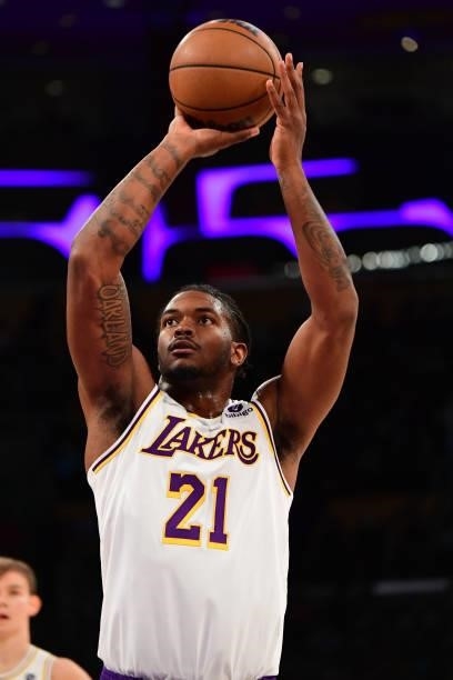 Cameron Oliver of the Los Angeles Lakers shoots the ball during the game against the Brooklyn Nets on October 3, 2021 at STAPLES Center in Los...