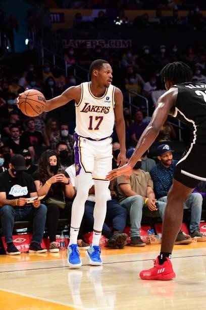 Joel Ayayi of the Los Angeles Lakers handles the ball during the game against the Brooklyn Nets on October 3, 2021 at STAPLES Center in Los Angeles,...