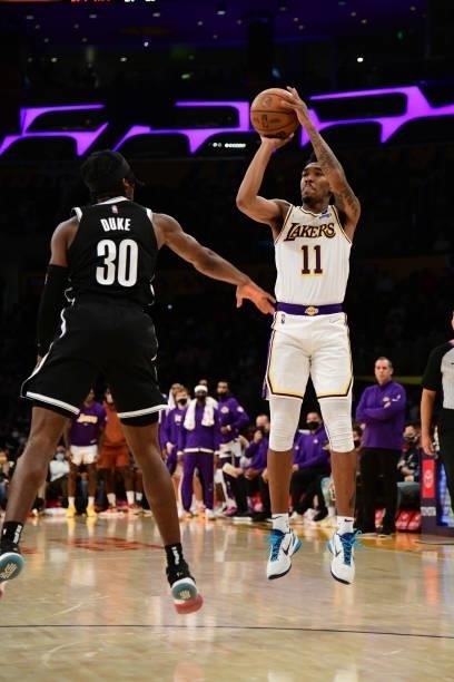 Malik Monk of the Los Angeles Lakers shoots the ball during the game against the Brooklyn Nets on October 3, 2021 at STAPLES Center in Los Angeles,...