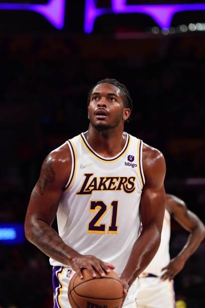 Cameron Oliver of the Los Angeles Lakers looks on during the game against the Brooklyn Nets on October 3, 2021 at STAPLES Center in Los Angeles,...