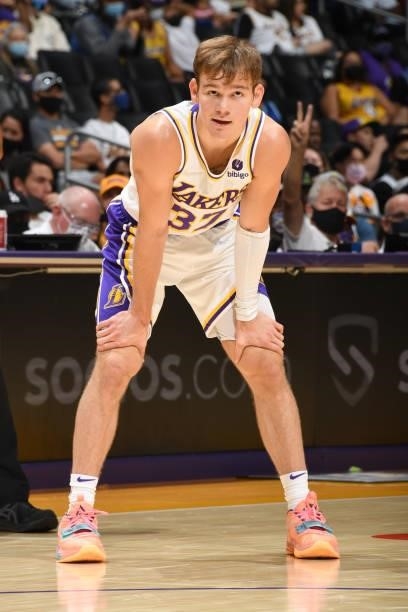 Mac McClung of the Los Angeles Lakers looks on during the game against the Brooklyn Nets on October 3, 2021 at STAPLES Center in Los Angeles,...