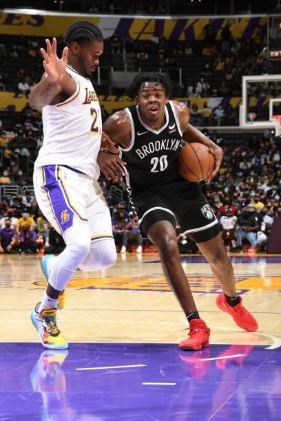 Day'Ron Sharpe of the Brooklyn Nets drives to the basket during the game against the Los Angeles Lakers on October 3, 2021 at STAPLES Center in Los...