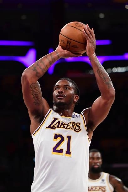 Cameron Oliver of the Los Angeles Lakers shoots the ball during the game against the Brooklyn Nets on October 3, 2021 at STAPLES Center in Los...