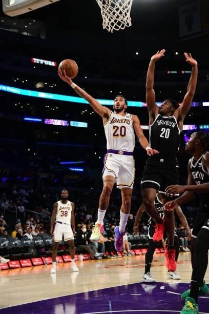 Trevelin Queen of the Los Angeles Lakers shoots the ball during the game against the Brooklyn Nets on October 3, 2021 at STAPLES Center in Los...