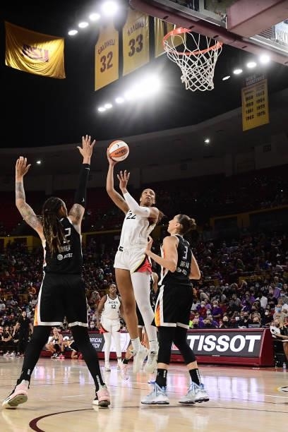 Ja Wilson of the Las Vegas Aces shoots the ball against the Phoenix Mercury during Game Three of the 2021 WNBA Semifinals on October 3, 2021 at...