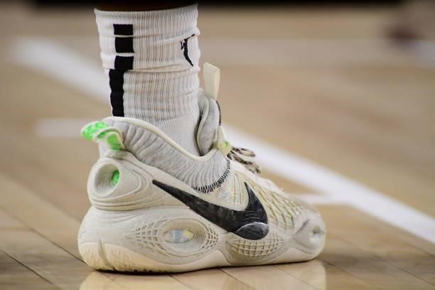 The sneakers worn by A'ja Wilson of the Las Vegas Aces during the game against the Phoenix Mercury during Game Three of the 2021 WNBA Semifinals on...