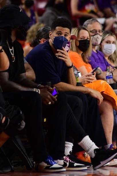 Devin Booker of the Phoenix Suns attends the game between the Phoenix Mercury and the Las Vegas Aces during Game Three of the 2021 WNBA Semifinals on...