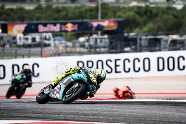Valentino Rossi of Italy rounds the bend during the Red Bull Grand Prix of the Americas - Race day at Circuit of The Americas on October 3, 2021 in...