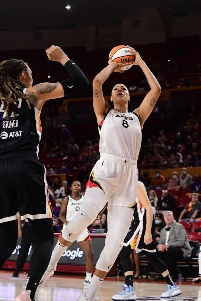 Liz Cambage of the Las Vegas Aces shoots the ball against the Phoenix Mercury during Game Three of the 2021 WNBA Semifinals on October 3, 2021 at...