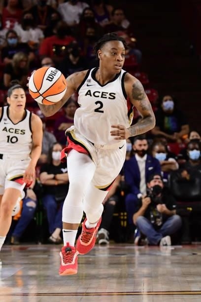 Riquna Williams of the Las Vegas Aces handles the ball against the Phoenix Mercury during Game Three of the 2021 WNBA Semifinals on October 3, 2021...