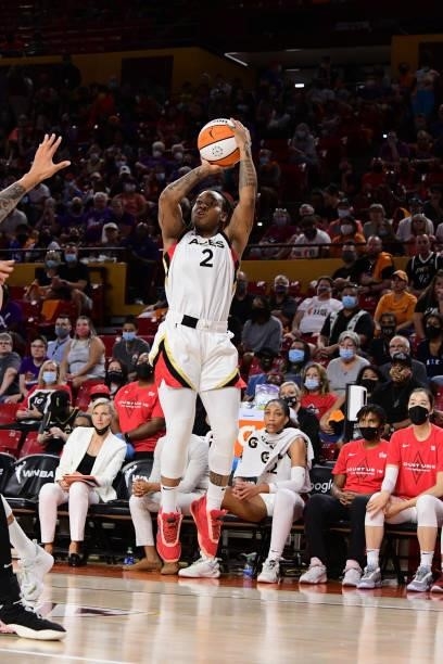 Riquna Williams of the Las Vegas Aces shoots a 3-pointer against the Phoenix Mercury during Game Three of the 2021 WNBA Semifinals on October 3, 2021...