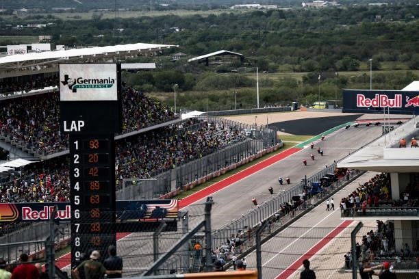 Marc Marquez of Spain leads the pack during the Red Bull Grand Prix of the Americas - Race day at Circuit of The Americas on October 3, 2021 in...