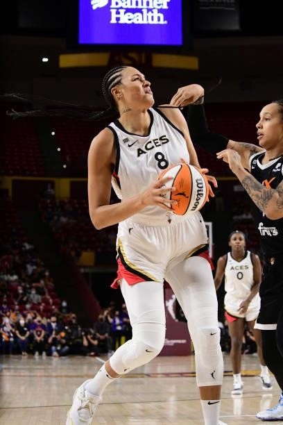 Liz Cambage of the Las Vegas Aces drives to the basket against the Phoenix Mercury during Game Three of the 2021 WNBA Semifinals on October 3, 2021...