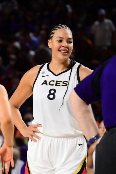 Liz Cambage of the Las Vegas Aces smiles during the game against the Phoenix Mercury during Game Three of the 2021 WNBA Semifinals on October 3, 2021...