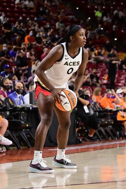 Jackie Young of the Las Vegas Aces looks to pass the ball against the Phoenix Mercury during Game Three of the 2021 WNBA Semifinals on October 3,...