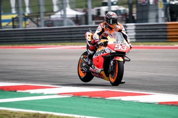 Marc Marquez of Spain brakes before the bend during the Red Bull Grand Prix of the Americas - Race day at Circuit of The Americas on October 3, 2021...