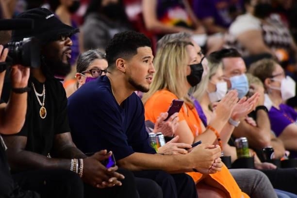 Devin Booker of the Phoenix Suns attends the game between the Phoenix Mercury and the Las Vegas Aces during Game Three of the 2021 WNBA Semifinals on...