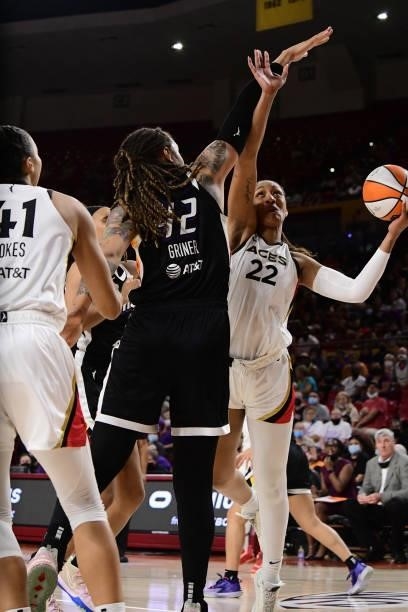 Ja Wilson of the Las Vegas Aces drives to the basket against the Phoenix Mercury during Game Three of the 2021 WNBA Semifinals on October 3, 2021 at...