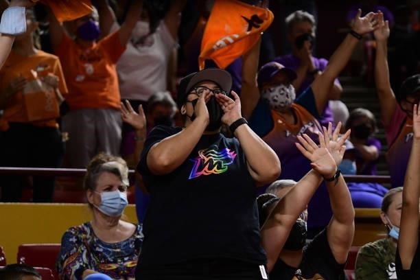 Phoenix Mercury fan cheers during the game against the Las Vegas Aces during Game Three of the 2021 WNBA Semifinals on October 3, 2021 at Desert...