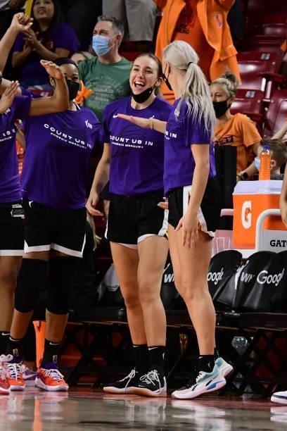 Alanna Smith of the Phoenix Mercury reacts to a play during the game against the Las Vegas Aces during Game Three of the 2021 WNBA Semifinals on...
