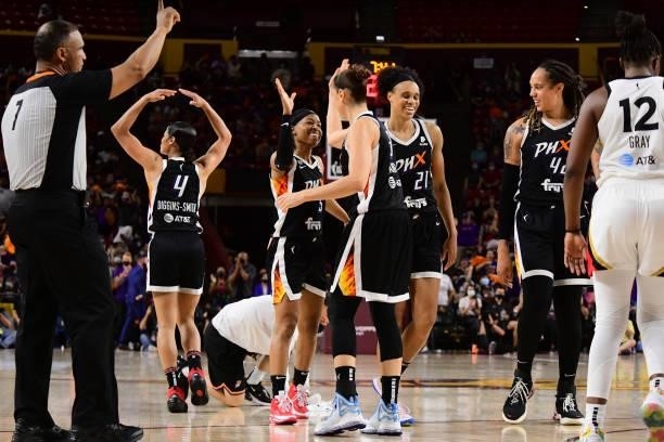 The Phoenix Mercury react to a play during the game against the Las Vegas Aces during Game Three of the 2021 WNBA Semifinals on October 3, 2021 at...