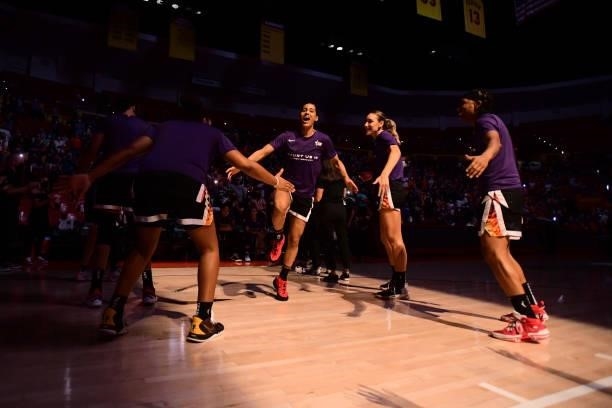 Skylar Diggins-Smith of the Phoenix Mercury is introduced before the game against the Las Vegas Aces during Game Three of the 2021 WNBA Semifinals on...