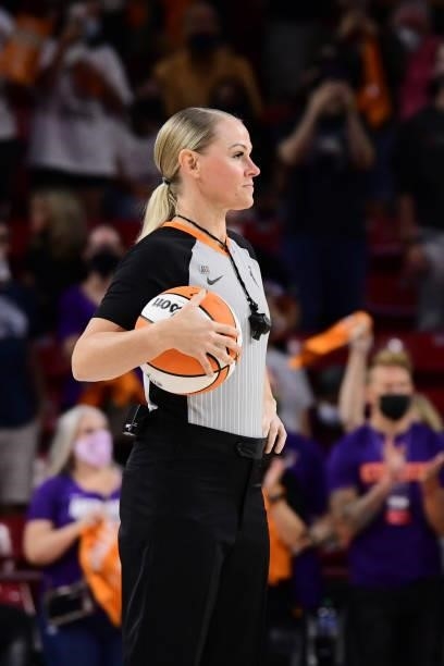 Referee, Tiffany Bird looks on during the game between the Phoenix Mercury and the Las Vegas Aces during Game Three of the 2021 WNBA Semifinals on...