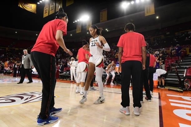 Ja Wilson of the Las Vegas Aces is introduced before the game against the Phoenix Mercury during Game Three of the 2021 WNBA Semifinals on October 3,...