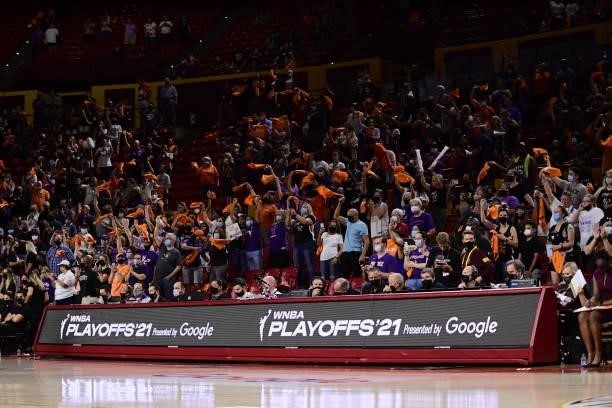 Phoenix Mercury Fans cheer before the game against the Las Vegas Aces during Game Three of the 2021 WNBA Semifinals on October 3, 2021 at Desert...